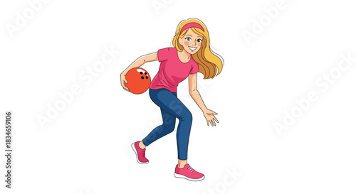 Blonde woman in a pink shirt and jeans smiling as she prepares to throw a bowling ball down the lane in a fun sports illustration.
