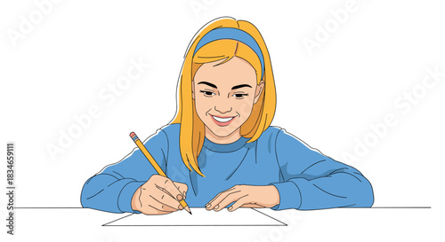Smiling blonde girl sitting at a desk and diligently writing or drawing on a piece of paper with a yellow pencil illustration.