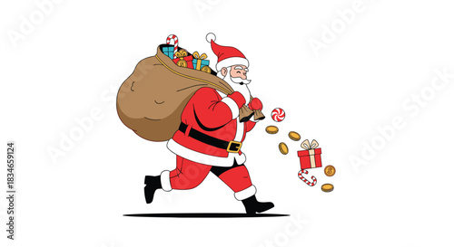Funny cartoon of Santa Claus running in a hurry and accidentally dropping gifts, coins, and candy from his large sack of toys.