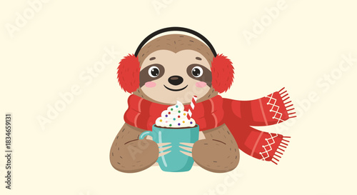 Cozy and cute sloth wearing red earmuffs and a scarf, smiling while holding a mug of hot chocolate with whipped cream.