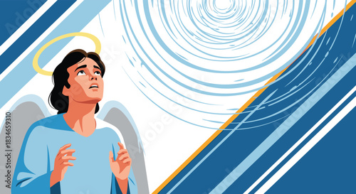 Male angel with a golden halo and wings looking up towards a swirling vortex of heavenly light in a spiritual, hopeful illustration.