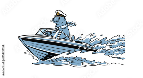 Funny cartoon seal wearing a captain's hat and scarf while expertly driving a speedboat, creating large waves in the water.