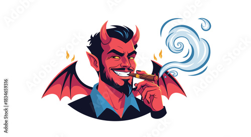 Handsome and charismatic red devil with a goatee, horns, and wings, smirking confidently while smoking a large cigar.