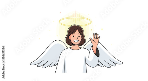 Friendly and gentle female angel with large white wings and a glowing halo, smiling warmly and waving hello in a simple drawing.