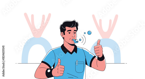 Friendly sports referee in a blue shirt blowing his whistle and giving two thumbs up to signal approval or a good call.