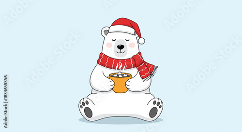Adorable polar bear in a Santa hat and scarf sitting peacefully with closed eyes, holding a warm mug of hot chocolate.