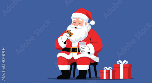 Classic Santa Claus taking a well-deserved break, sitting on a stool to enjoy a glass of milk and a chocolate chip cookie.