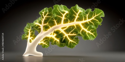 Illuminated green leaf with luminous veins against a dark gray gradient background