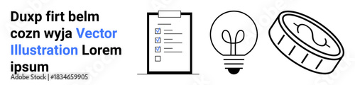 Productivity, innovation, financial planning, business strategy, project management, brainstorming. A checklist on a clipboard, lightbulb and coin. Productivity and innovation concepts for business
