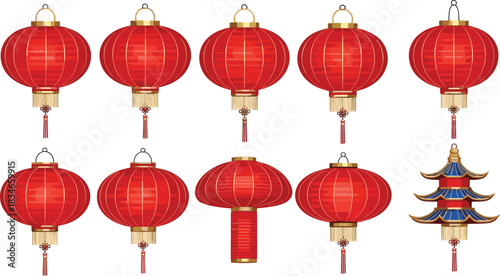 Chinese red lantern collection, traditional festive decor, pagoda ornament, Lunar New Year celebration, cultural design, holiday symbols, vibrant illustration