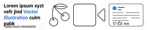 Social media, user engagement, content creation, video communication, online interaction, modern design. Simple icons of cherries, a video symbol and a social media page. Social media and user