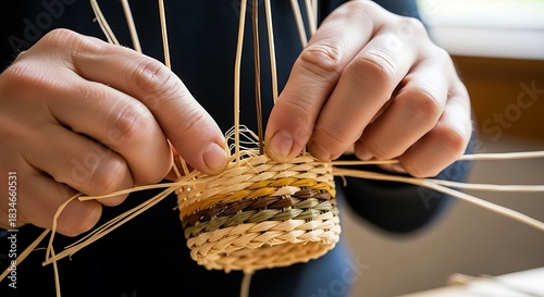 Detailed handwork on a woven craft piece displays focused artisanship