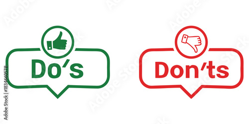Do's and don'ts icon. to do and not to do symbol for guidelines and rules list.Dos and donts like thumbs up or down. Like or dislike index finger sign. Thumb up and thumb down sign - stock vector