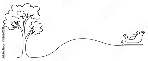 Continuous one line drawing of Christmas sleigh and tree minimalist winter vector illustration