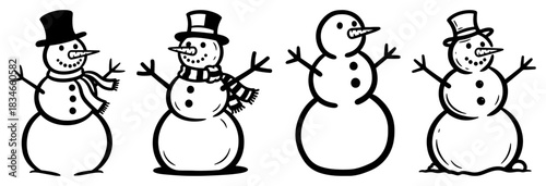 Collection of cute hand drawn snowman characters with hats and scarves vector illustration in black sketch outline style