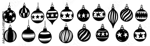 Set of hand drawn Christmas baubles and hanging ornaments with various patterns sketch style vector illustration black and white holiday decoration collection
