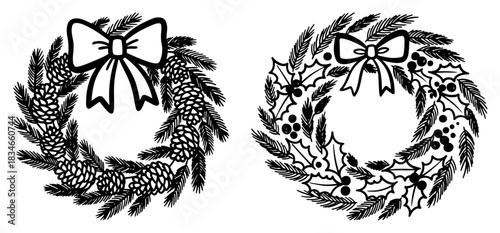 Christmas wreath with pine branches and cones vector illustration decorative holiday door ornament with holly berries and ribbon bow sketch style