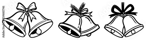 Set of Christmas jingle bells with ribbon bows vector illustration hand drawn holiday bells sketch collection traditional xmas decoration symbol