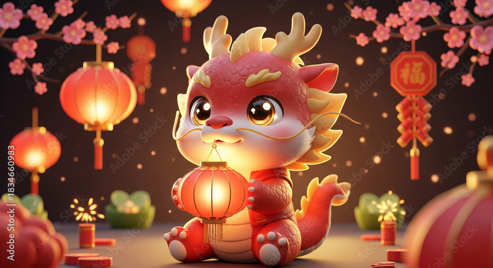 Naklejka premium 3D Cute Dragon – Lantern Glow