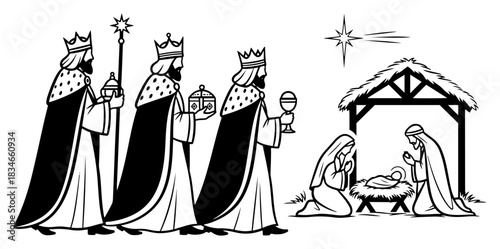 Nativity scene vector illustration with three wise men arriving at stable to visit Holy Family under Bethlehem star