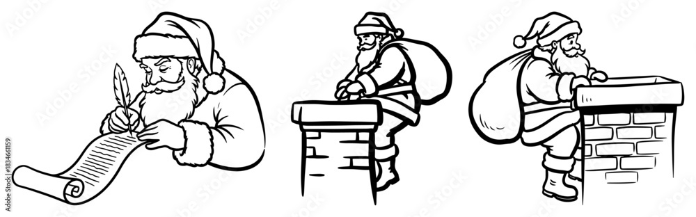 Fototapeta premium Set of hand drawn funny santa claus characters writing list and climbing chimney vector illustration black and white christmas icons