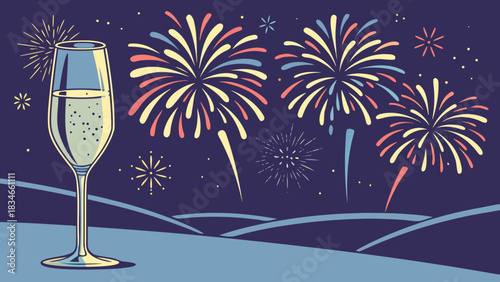 New year celebration background with champagne wine glasses, decoration, and night sky fireworks vector illustration
