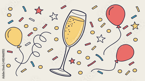 Happy new year background with champagne glass, balloons, and heart decoration for a fun holiday celebration