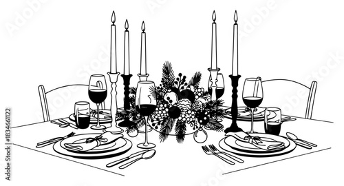 Hand drawn Christmas dinner table setting with candles wine glasses and festive centerpiece vector sketch illustration
