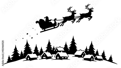 Silhouette of Santa Claus flying in sleigh with reindeer over snowy winter village houses and pine trees vector illustration