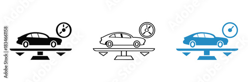Car and money on scales icon, vector. Buying car concept flat style. Car price concept.Car on scale measuring weight for transport industry analysis.editable stroke