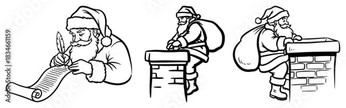Set of hand drawn funny santa claus characters writing list and climbing chimney vector illustration black and white christmas icons