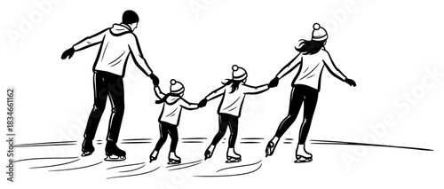 Happy family ice skating together holding hands rear view vector illustration black and white winter sport activity with parents and children