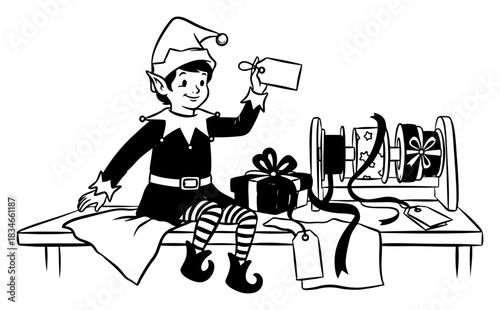 Cute Christmas elf sitting on table wrapping gifts with ribbons vector illustration cartoon santa helper with present and tag sketch