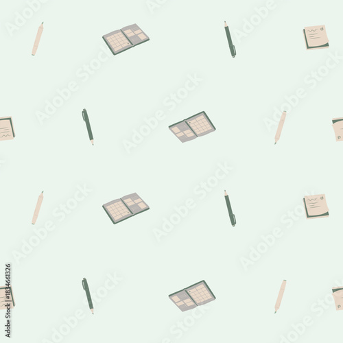 A calming and minimalist seamless pattern featuring floating notebooks, pens, and sticky notes on a gentle sage green background.
