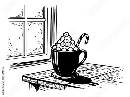 Hot chocolate mug with marshmallows and candy cane on wooden table near frosty window hand drawn vector illustration