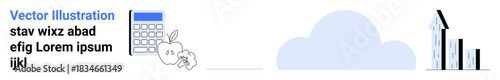 Online learning, financial planning, data analysis, economic growth, tech integration, cloud solutions. Calculator with apple and rising bar chart. Online learning and financial planning visuals