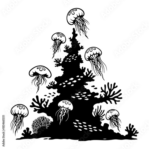 Underwater coral reef shaped like Christmas tree with jellyfish and fish vector illustration marine life silhouette creative holiday design