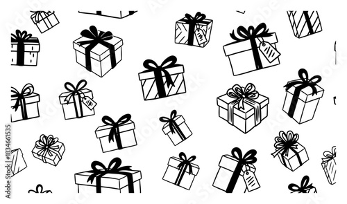 Background pattern of scattered gift boxes with ribbons and bows vector sketch illustration for holiday design