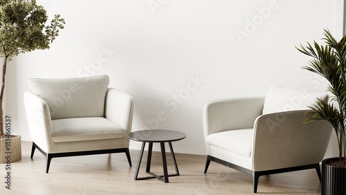 Clean light color - interior lounge accent. Neutral elegant panton color of the year 2026 cloud dancer of walls and furniture armchairs. Living modern stylish room interior mockup design. 3d render