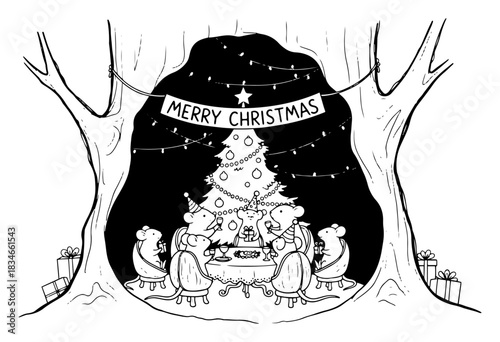 Cute mouse family celebrating christmas dinner inside hollow tree trunk hand drawn vector illustration black and white animal holiday feast