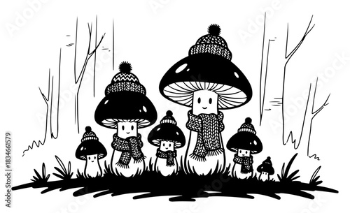 Cute mushrooms wearing winter knitted hats and scarves vector illustration funny forest characters sketch black and white
