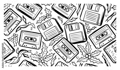 Seamless pattern with retro cassette tapes and floppy disks mixed with Christmas holly berries vector background vintage 90s style