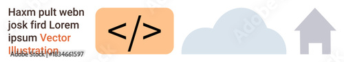 Web development, cloud computing, digital operations, technology solutions, online systems, data. Symbols include a coding tag, cloud and house graphic. Web development and cloud computing concepts