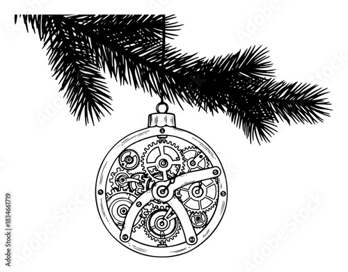 Steampunk christmas ball ornament with mechanical gears and clockwork hanging on pine branch hand drawn vector illustration