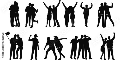 Excited People silhouettes set isolated flat vector illustration on white background.Vector art of silhouettes of people in various poses, isolated on white background

