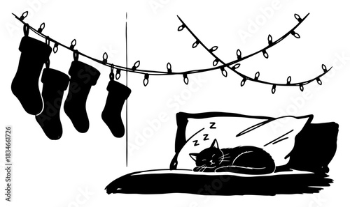 Cute black cat sleeping on pillow under Christmas stockings and hanging lights vector illustration cozy winter home scene