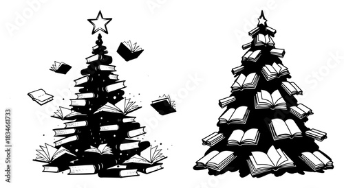 Creative Christmas tree made of stacked open books with star on top vector illustration magical library holiday concept
