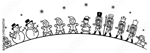 Christmas border with walking snowmen gingerbread men and nutcrackers vector illustration holiday characters parade on snow