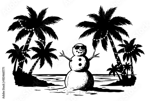 Funny snowman with sunglasses on tropical beach with palm trees and ocean waves silhouette vector illustration