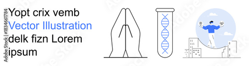 Science, religion, balance, genetics, mindfulness, urban living. Hands in a prayer pose, test tube with DNA strands person balancing above a cityscape. Exploring genetics and religion concepts